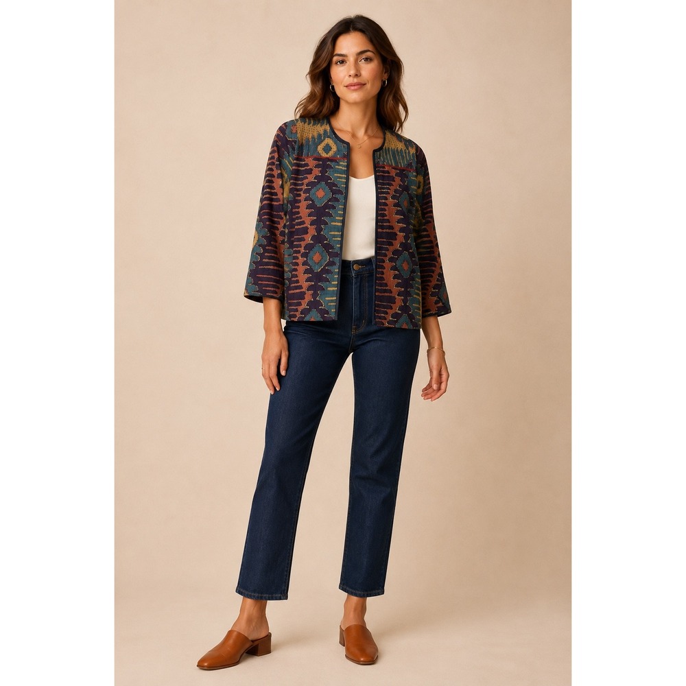 Boho Kantha Stitch Cotton Jacket Ikat Geometric Open Front India Medium Boho Y2K